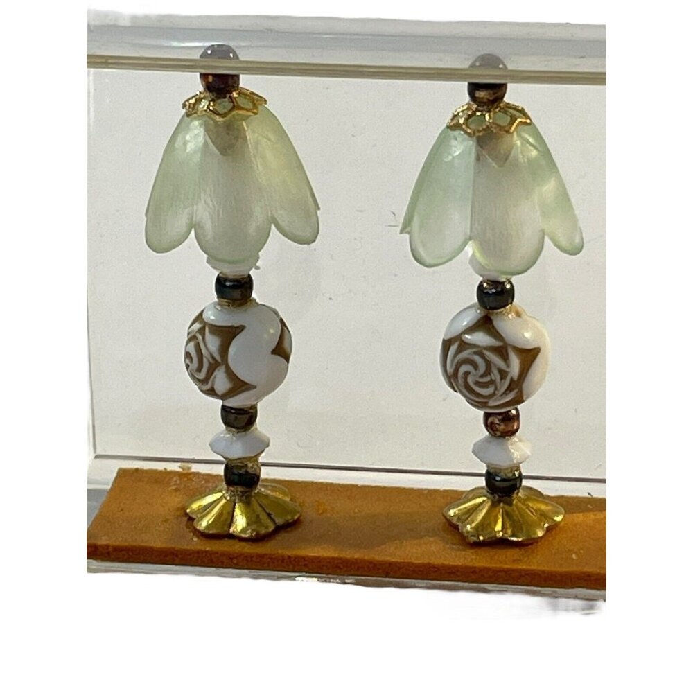 Pair of Vintage Dollhouse Chrysnbon Green‎ Floral Table Lamps NOS In Package